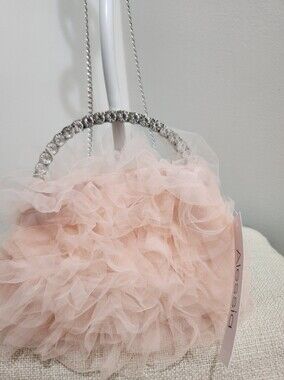 Alessi Blush Pink Ruffle Tulle Clutch with Crystal-Embellished Handle!